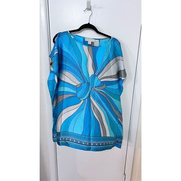 MICHAEL KORS HANDKERCHIEF BLUE PRINT PONCH TUNIC BLOUSE SZ M - Picture 2 of 10